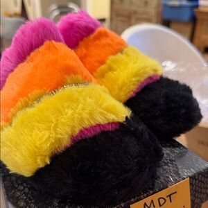 Prisa Fuzzy Rainbow Slide Slippers - Black, Yellow, Orange & Pink (37) (43)